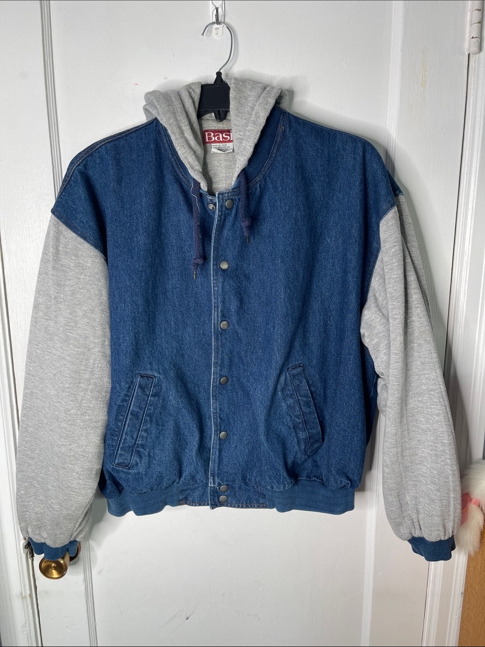 Vintage Basic XL Denim Jacket Hooded Sweatshirt Sleeves Snap Front Gray Blue
